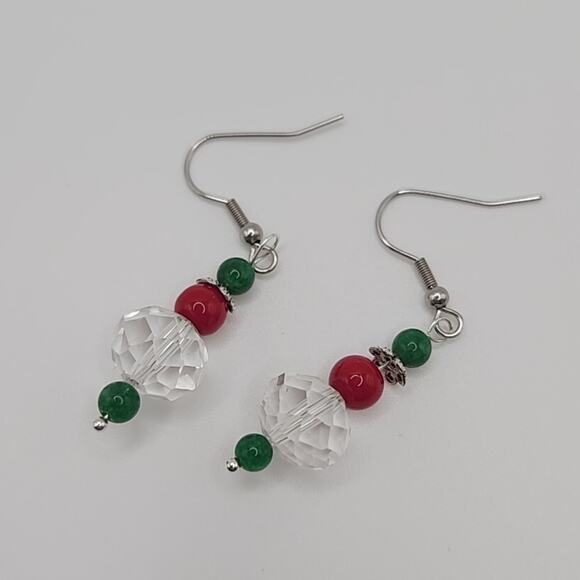 Handmade Earrings with Crystal, Red Coral, and Moonstone – 2" Dangle - Picture 7 of 7